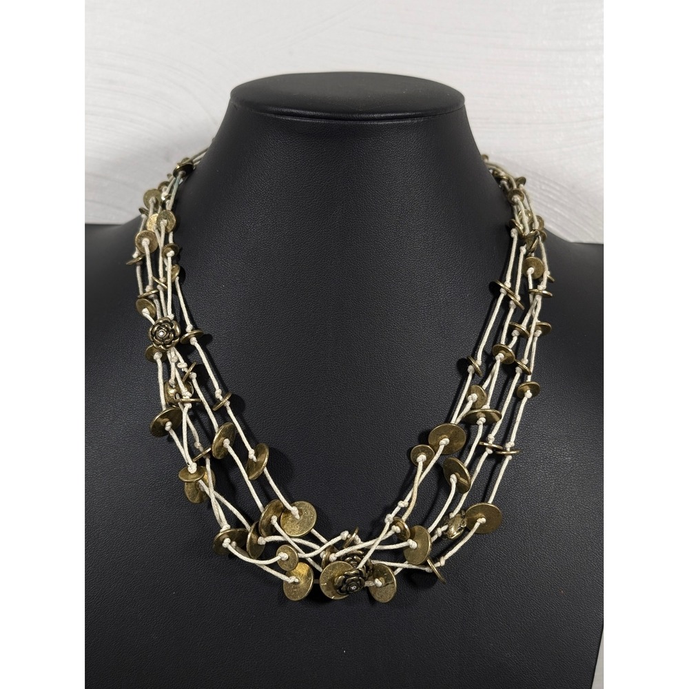 Fossil Layered Necklace Bronze Disc Rose Charm Cream Cord 21 In